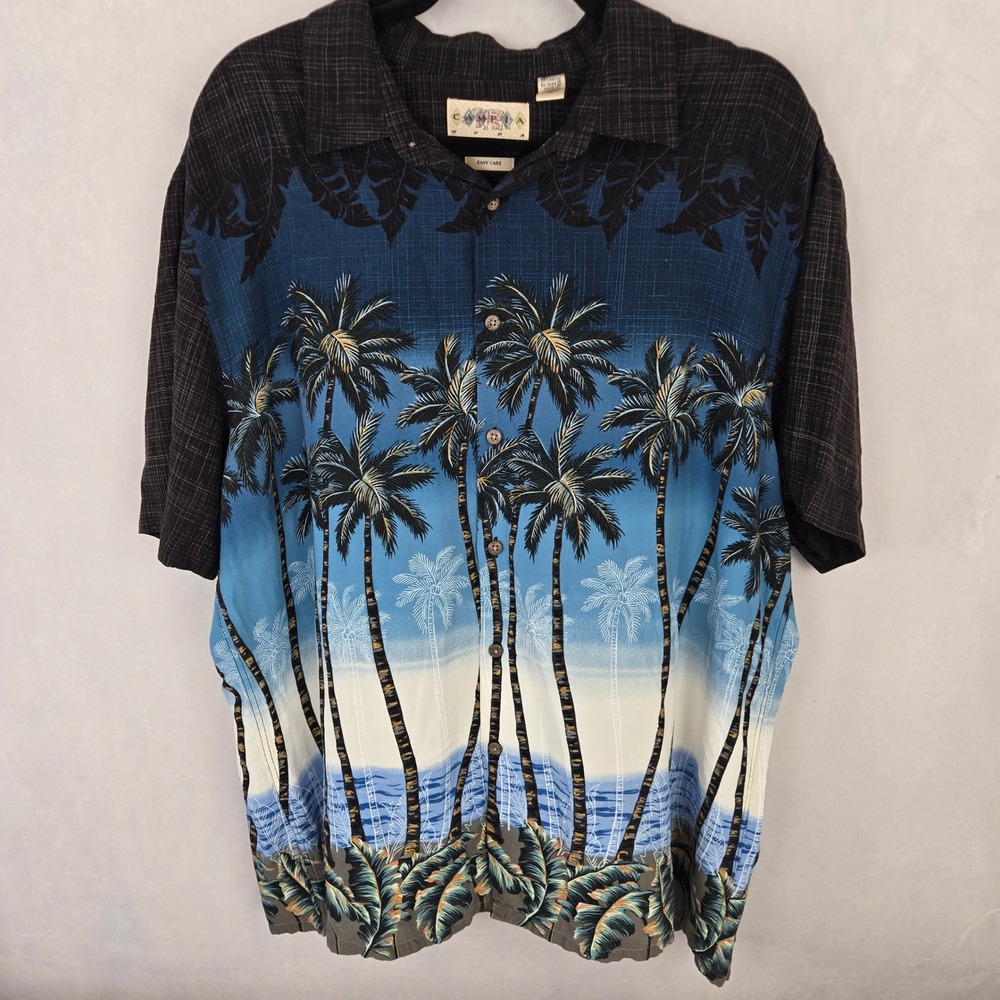 Campia Moda Mens XL Blue Tropical Palm Tree Rayon Hawaiian Button Down Shirt - Picture 2 of 6